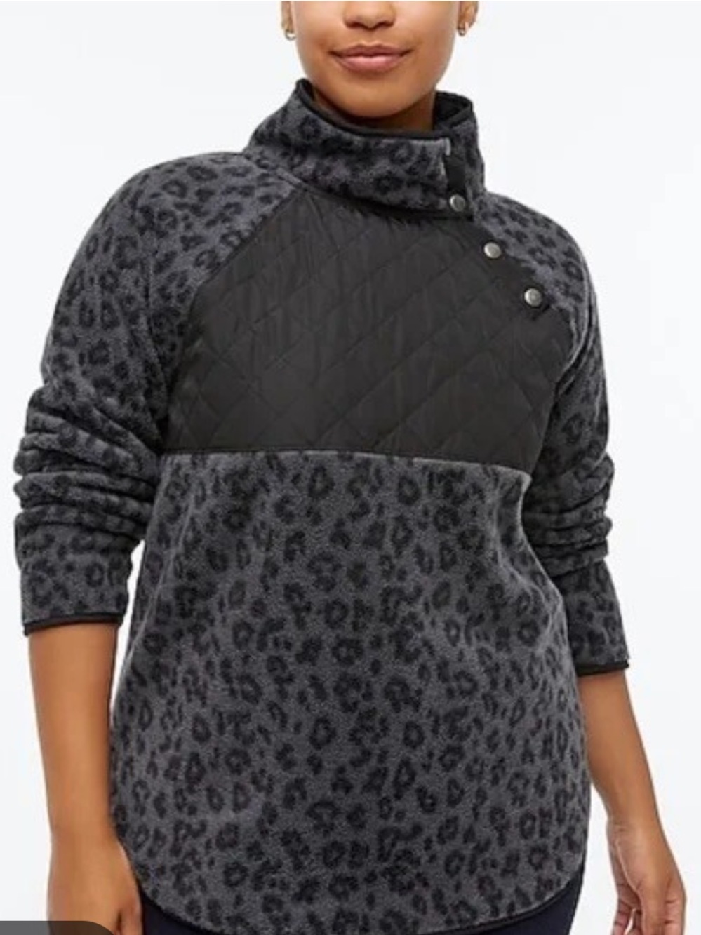 J.Crew Quilted Button-Neck Sherpa Fleece Tunic black/gray leopard size large